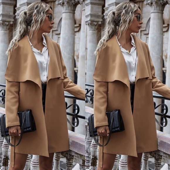 Boho camel wide collar jacket coat with belt - Picture 2 of 5